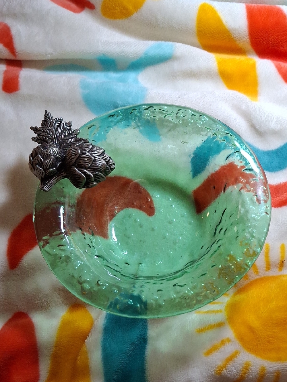 Mud Pie Pewter Decorative Green Glass Bowl with Pinecone Accent